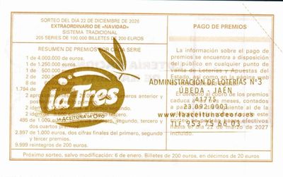 Reverso del d&eacute;cimo 78592 con el sello de la Administraci&oacute;n n&ordm; 3 &laquo;La Aceituna de Oro&raquo;, en &Uacute;beda